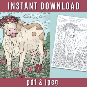 Cow Printable Coloring Page Adult Coloring Book Instant Download Coloring Sheets Cute Animals Coloring Printable image 1