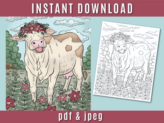 cow printable coloring page adult coloring book instant etsy canada