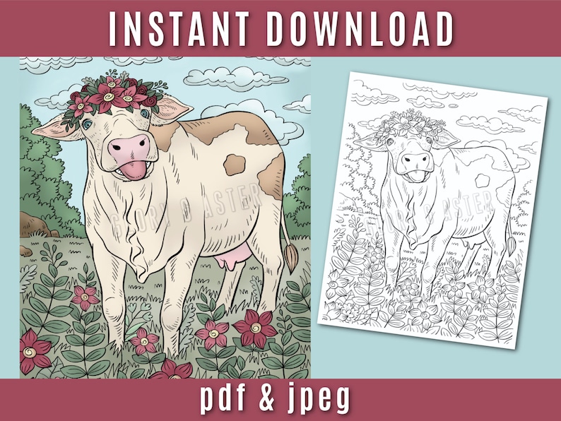 Cow Printable Coloring Page Adult Coloring Book Instant Download Coloring Sheets Cute Animals Coloring Printable image 1
