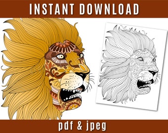 Zentangle Lion Coloring Page - Printable Adult Coloring Page - Lion Coloring Page - Zentangle - Antistress - Relaxation