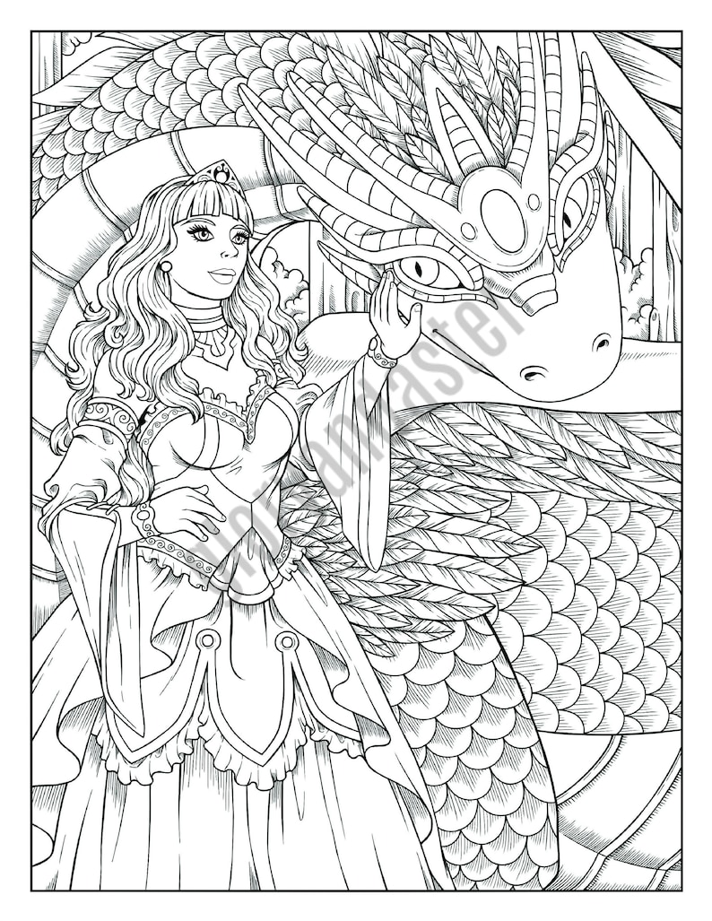 Download Dragon Princess Coloring Page Printable Adult Coloring Page | Etsy