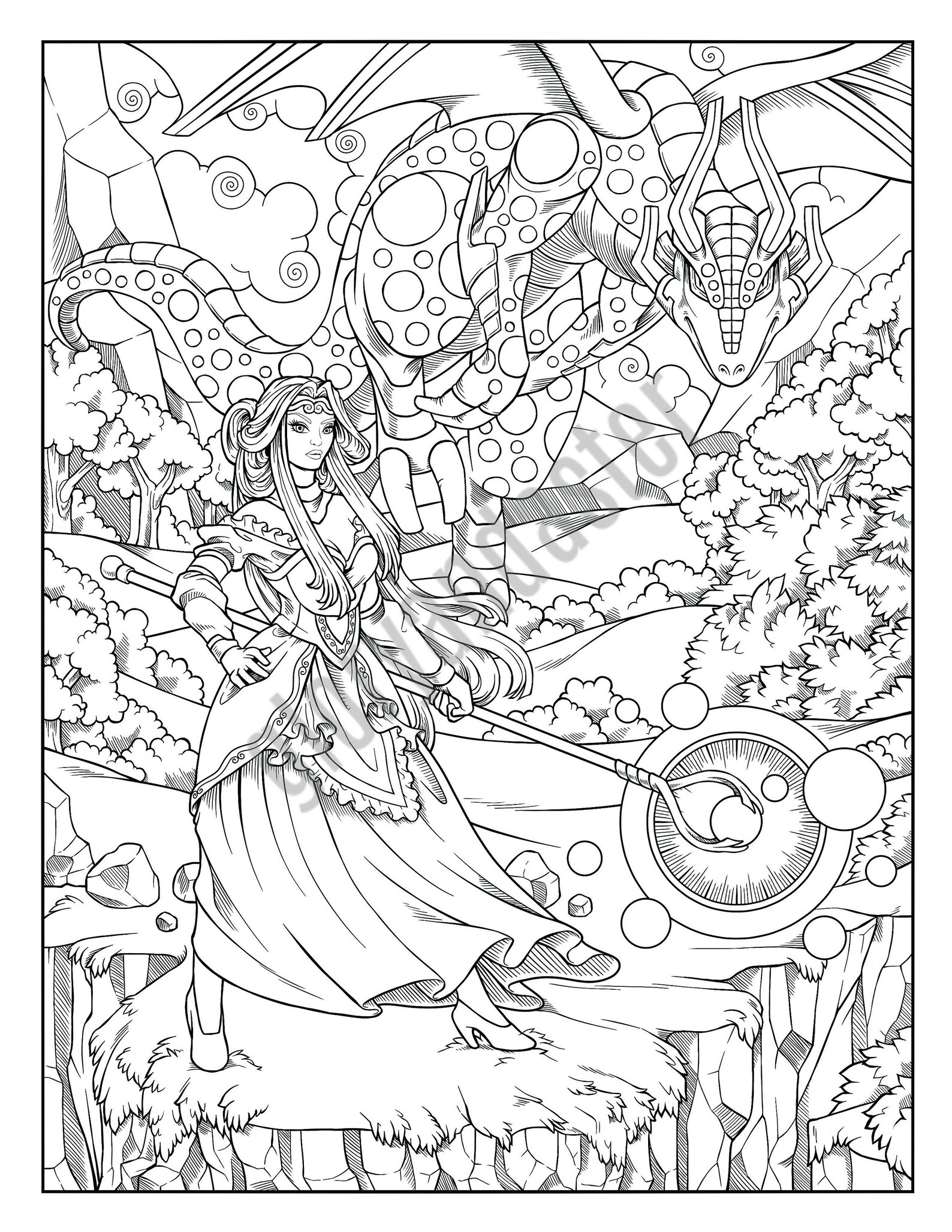 Dragon Warrior Coloring Page Printable Adult Coloring Page | Etsy