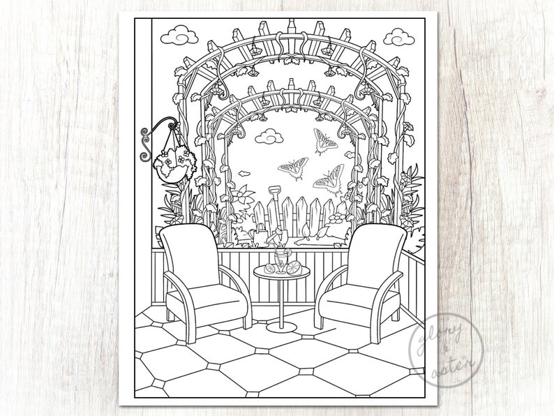 Garden Patio Coloring Page Printable Adult Coloring Page | Etsy