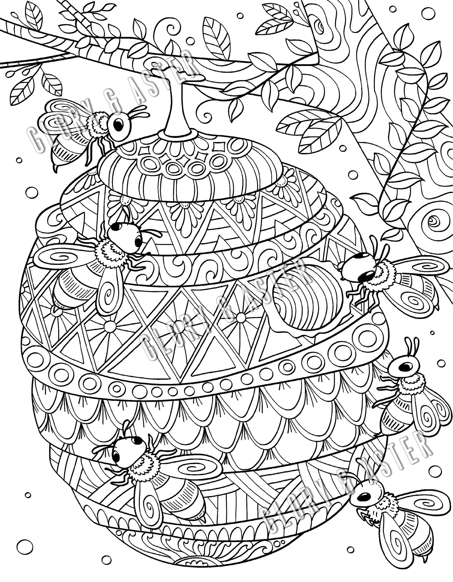 Bee Hive Coloring Page Printable Adult Coloring Page Instant Download PDF Spring Bug Antistress ...