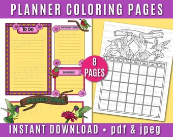 Hummingbird Coloring Planner Pages - Instant Download Printable - Coloring Pages - Digital Planner - Printable Planner - Daily - Monthly
