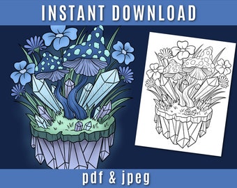 Crystal Mushrooms Coloring Page - Printable Adult Coloring Page - Adult Coloring Page - Magic - Fantasy  - Nature - Spring - Mystical
