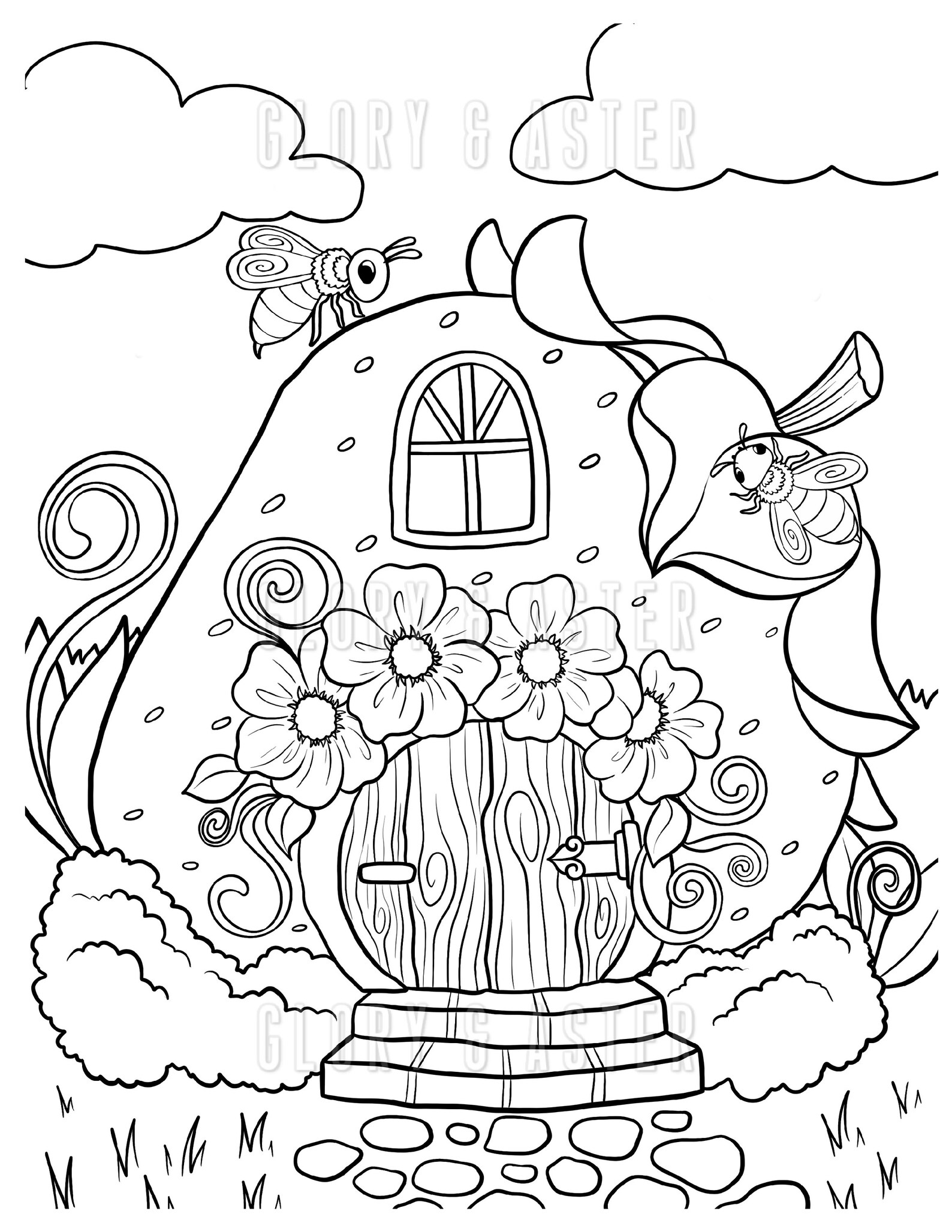 Strawberry House Coloring Page Printable Adult Coloring Page | Etsy