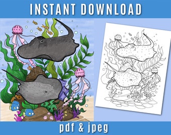 Stingray Ocean Coloring Page - Printable Adult Coloring Page - Ocean Coloring Page - Fish Coloring Page - Adult Coloring Page