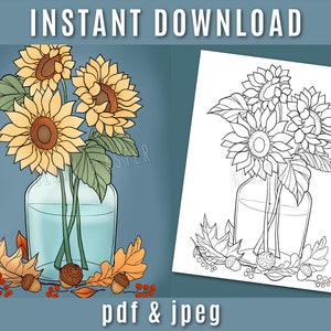 Sunflowers Coloring Page Coloring Sheets Autumn Coloring Page Instant Download Floral Coloring Adult Coloring Book image 1