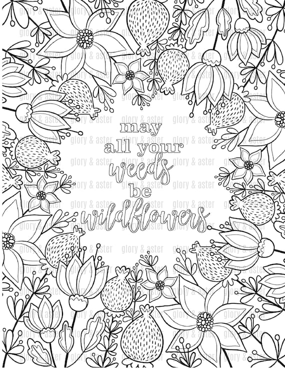 Wildflowers - Adult coloring book page downloadable - Kids coloring page -  Printable coloring page - Flower digital stamp, nature bird cute