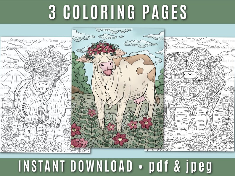 Cow Printable Coloring Page Adult Coloring Book Instant Download