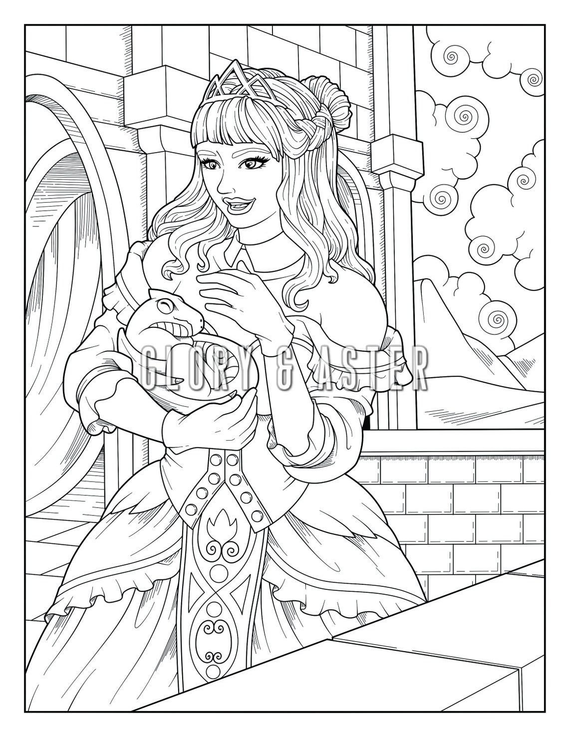 Baby Dragon Princess Coloring Page Printable Adult Coloring | Etsy