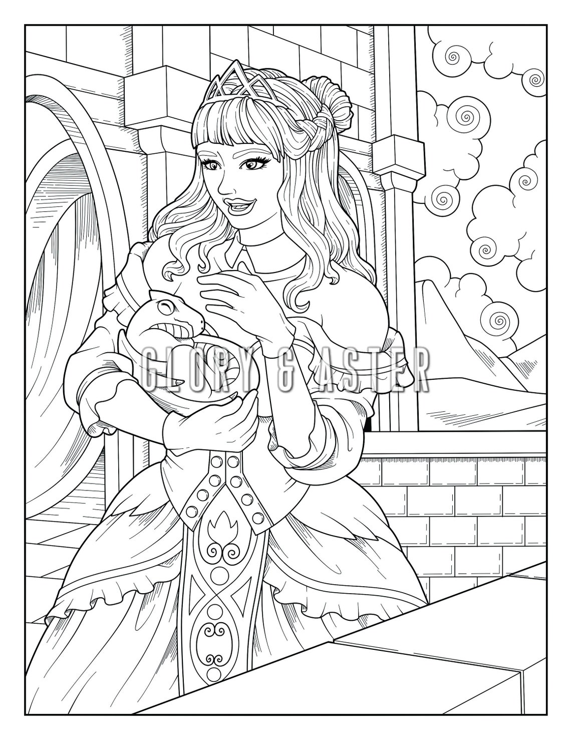 Baby Dragon Princess Coloring Page Printable Adult Coloring | Etsy