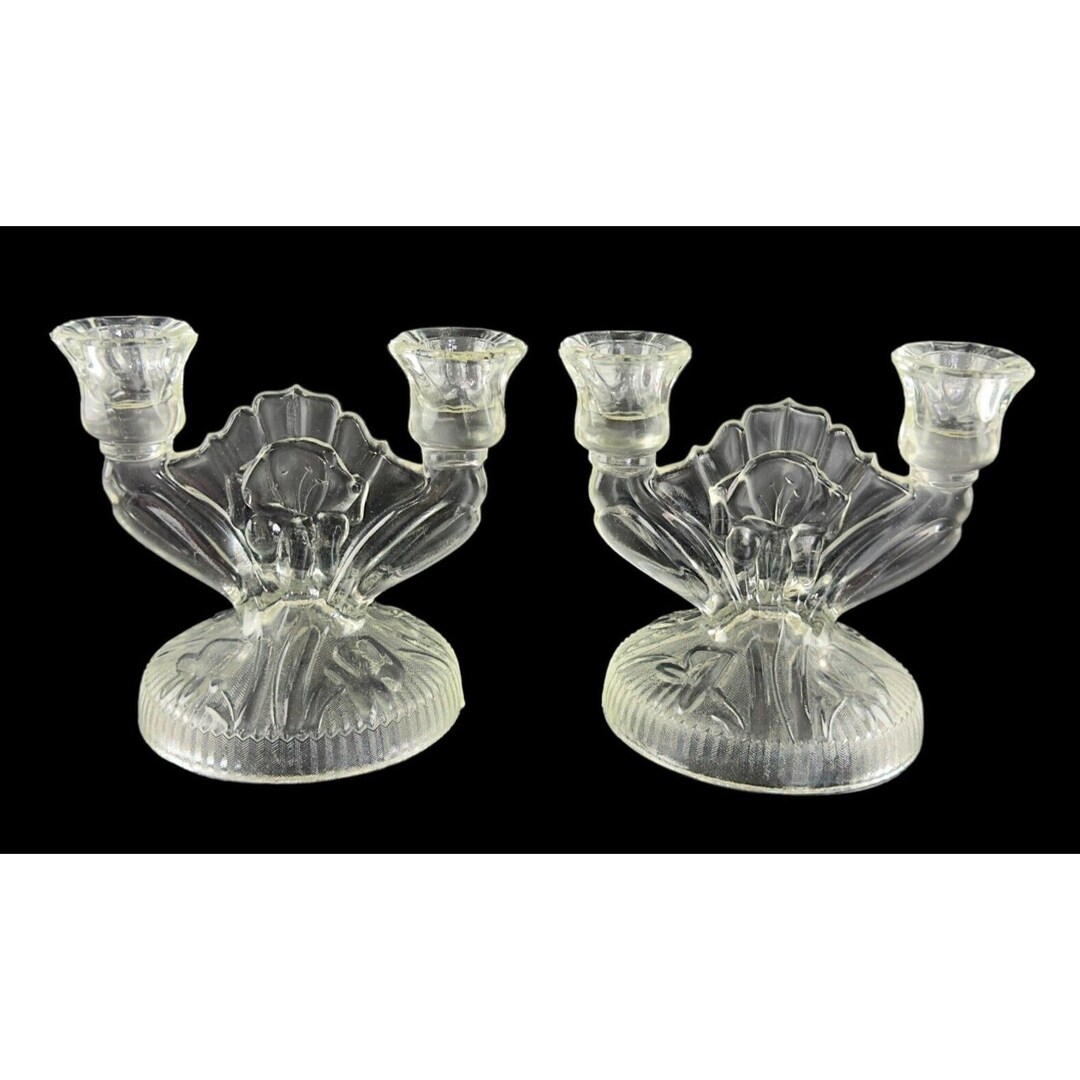 Vintage Clear Glass Double Candlestick Holders Set of 2 Iris ...