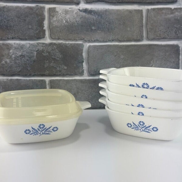 Vintage White Corning Ware Blue Cornflower P-41 Petite Pan Mini Ceramic Casserole Dishes QTY 6 Bakeware Cookware Serveware Individual Dishes