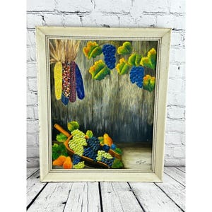 Vintage Still Life Acrylic Painting: Corn & Grapes Americana Art