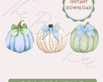 Blue Green Watercolor Pumpkins PNG Girls Pumpkin Trio Clipart for Digital Download, Sublimation, and Printables