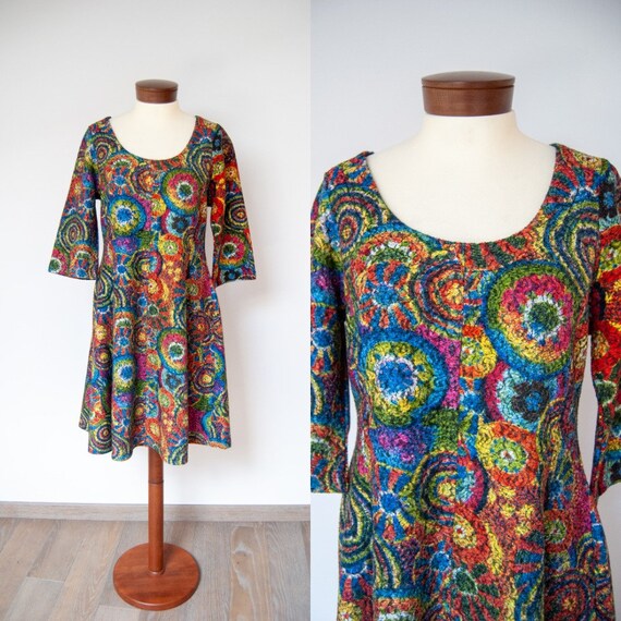 70s dress, 70s winter dress, 1970s dress, multicol