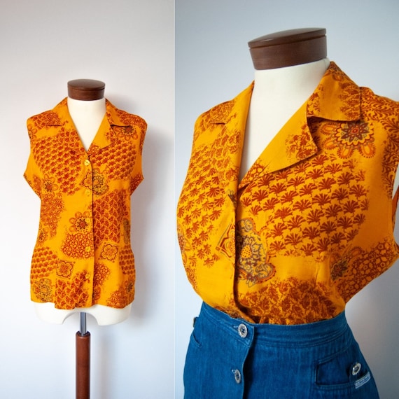 80s shirt, 1980s shirt, orange shirt, printed shir