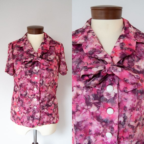 60s shirt, 1960s shirt, pink shirt, printed shirt… - image 1