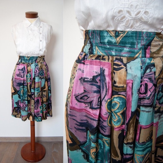 80s midi skirt, 80s printed skirt, colorful skirt… - image 1