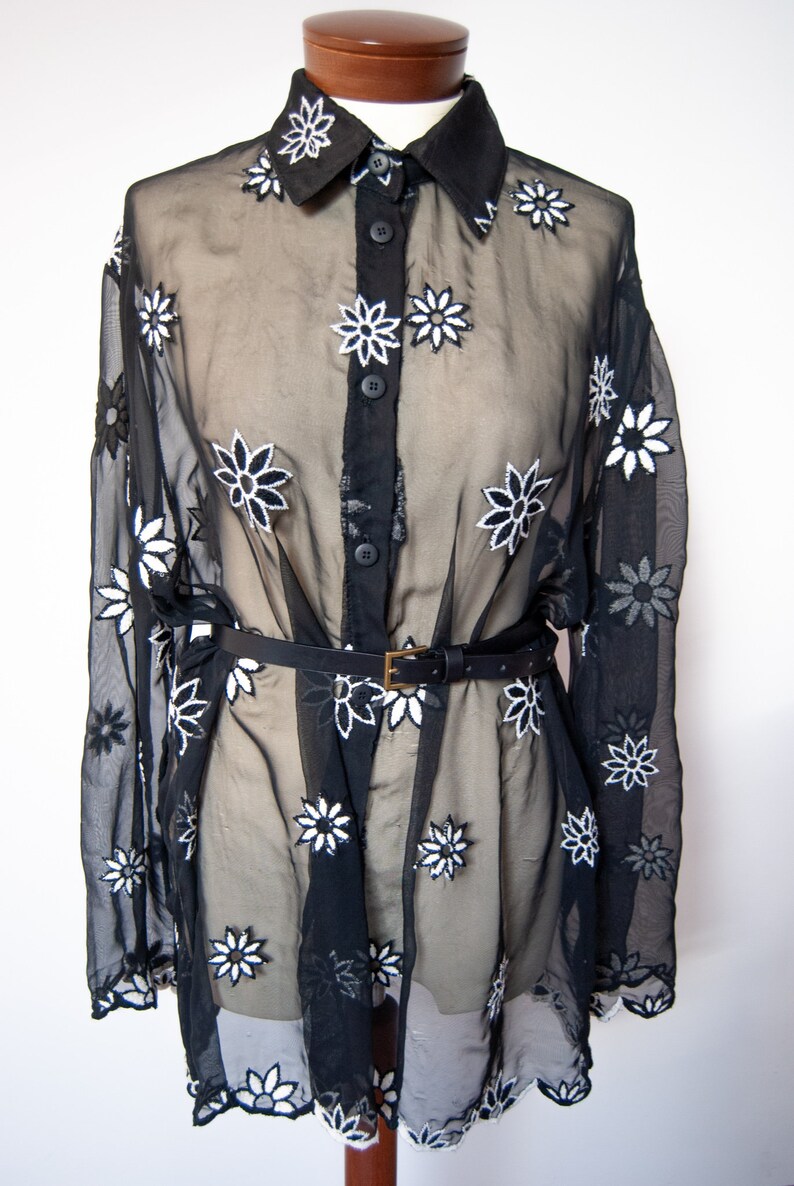 vintage shirt vintage embroidered blouse vintage black shirt 90s shirt retro shirt eighties shirt 1990s shirt 1990s black blouse