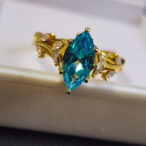Vintage Art Deco Gold-Plated Marquise Ring with 1.00 CT Lab-Created Sapphire, Elegant Blue-Green Gemstone Ring, Unique Statement Jewelry
