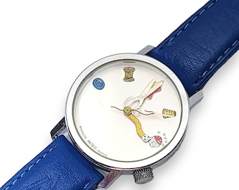 Akteo French Designer Tailor-Themed Water-Resistant Watch with Blue Leather Band c.1990s