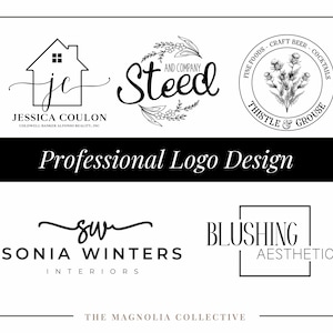 May include: A collection of professional logo designs in black and white. The logos include a house icon with the text "Jessica Coulon", a floral design with "Steed and Company", and a circular design with "Thistle & Grouse". The text "Professional Logo Design" is also present.
