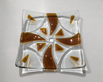 Fused Glass Square Plate, Amber Windmill Design, Decorative Serving Dish