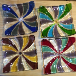 set of 4 fused glass square plates Four Seasons, decorative and serving plates, hostess gift, multicolored glass plates, gift tableware
