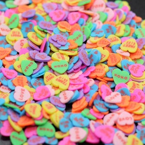 bright conversation hearts polymer clay slices for use in slime, hair gel, nail art, crafting, and diy projects