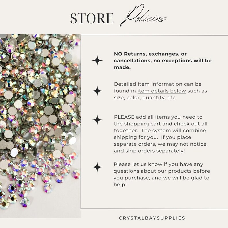 May include: Store policies for CrystalBaySupplies. No returns, exchanges, or cancellations. Detailed item information can be found in item details below such as size, color, quantity, etc. Please add all items you need to the shopping cart and check out all together. The system will combine shipping for you. If you place separate orders, we may not notice, and ship orders separately! Please let us know if you have any questions about our products before you purchase, and we will be glad to help!