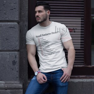 May include: A white t-shirt with the text "Small Business Owner" and a checklist of roles including CEO, Maker, Designer, Marketer, Photographer, and Shipping & Receiving.