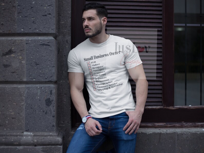 May include: A white t-shirt with the text "Small Business Owner" and a checklist of roles including CEO, Maker, Designer, Marketer, Photographer, and Shipping & Receiving.