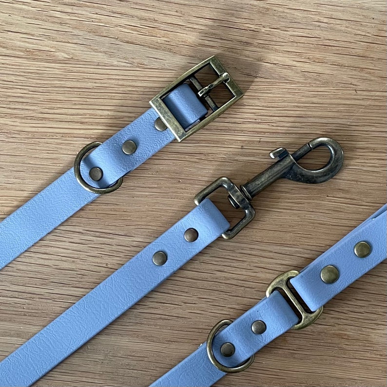 May include: A set of two light blue dog collars with brass hardware. One collar has a buckle closure and the other has a hook and loop closure.