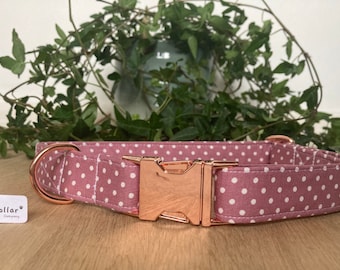 Pink Polka Dot Dog Collar: Rose Gold Hardware, Strong Nylon Webbing