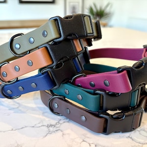 May include: A selection of dog collars in a range of colours: olive green, orange, blue, teal, purple, and brown. Each collar has a black buckle and a metal D-ring. The collars are made of a smooth, leather-like material.