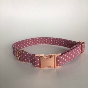 May include: A pink dog collar with white polka dots and a rose gold buckle.