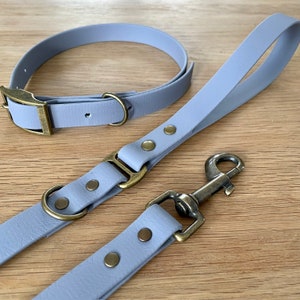 May include: A light purple dog collar and leash set with brass hardware. The collar has a buckle closure and the leash has a clip.