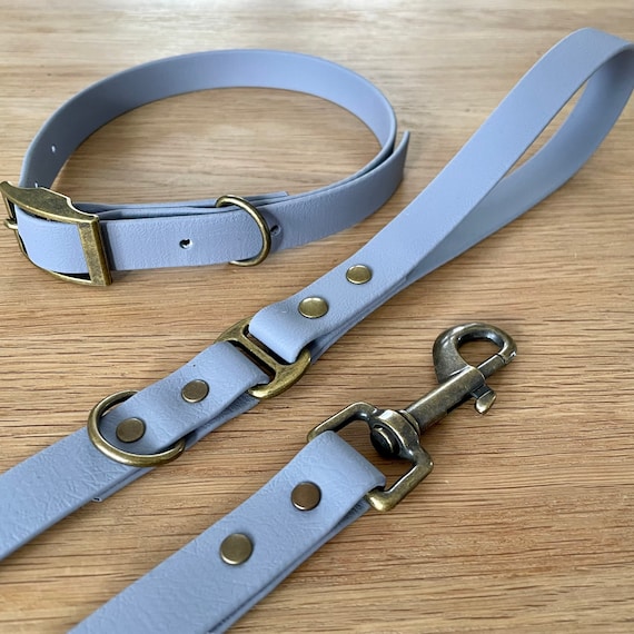 Waterproof Biothane Dog Collar & Lead Set Grey With Antique Brass Belt Buckle