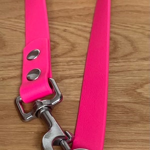 Può includere: Un guinzaglio per cani rosa acceso con accessori in argento, tra cui un moschettone e due anelli a D.