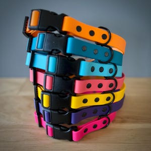 Può includere: Una pila di collari per cani colorati con fibbie nere e anelli metallici. I collari sono realizzati in un materiale resistente, simile alla gomma, e sono disponibili in una varietà di colori vivaci, tra cui arancione, blu-verde, blu, rosa, giallo, viola e fucsia.