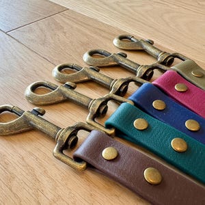 May include: A selection of leather dog leads in various colours, each featuring an antique brass clasp. The leads are in shades of brown, teal, navy, magenta, and olive green, secured with brass rivets. They are arranged on a wooden surface.