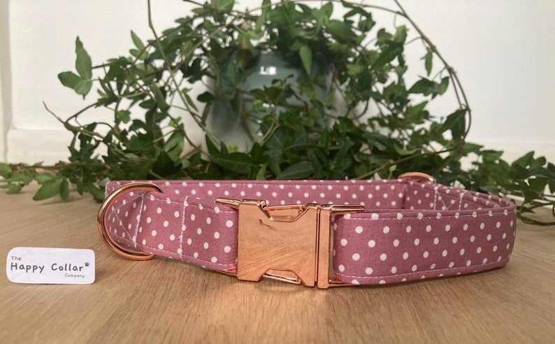 May include: A pink dog collar with white polka dots and a rose gold buckle. The collar is made by The Happy Collar Company.