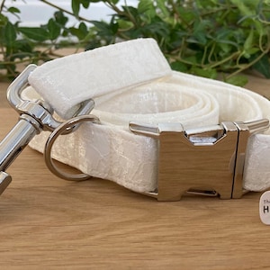 May include: White velvet dog collar and leash set with silver hardware. The collar has a buckle closure and the leash has a clip. The set is from The Happy Collar Company.