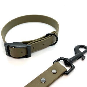 Könnte beinhalten: Ein grünes Hundehalsband und eine Leine aus Gummi mit schwarzer Metallbeschläge. Das Halsband hat einen Schnallenverschluss und die Leine einen Clip.