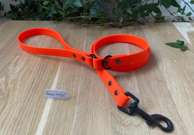 May include: Orange rubber dog leash with a black metal clip and a black metal ring. The leash has a black label with the text "The Happy Collar" on it.
