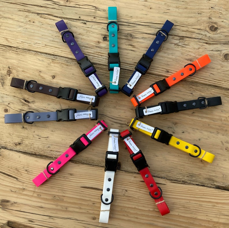 A quick release dog collar, handmade from a highly durable, strong and waterproof webbing.   Beautifully crafted from Biothane, available in a choice of 30 colours and 5 hardware option including black, silver, antique brass, rose gold and stainless steel. Available in 4 different sizes and custom sizes available on request.