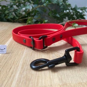May include: Red rubber dog leash with a black metal clip. The leash has a black metal D-ring and is labeled "The Happy Collar Company".